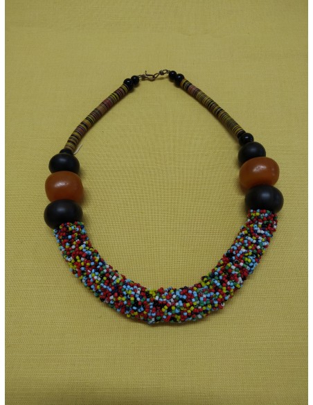 Collana con perline multicolor, legno d'ebano e ambra