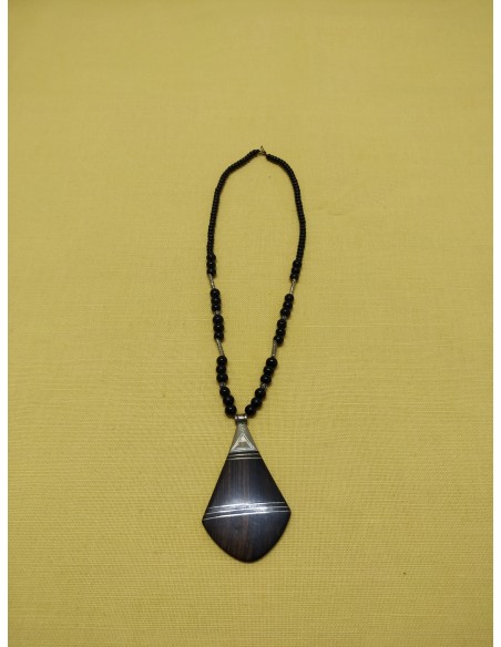 Collana di perle in onice nero e argento - ciondolo  in legno