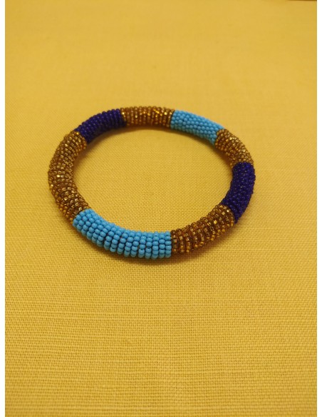 Bracciale perline col. oro, turchese e blu