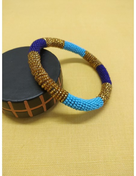 Bracciale perline col. oro, turchese e blu